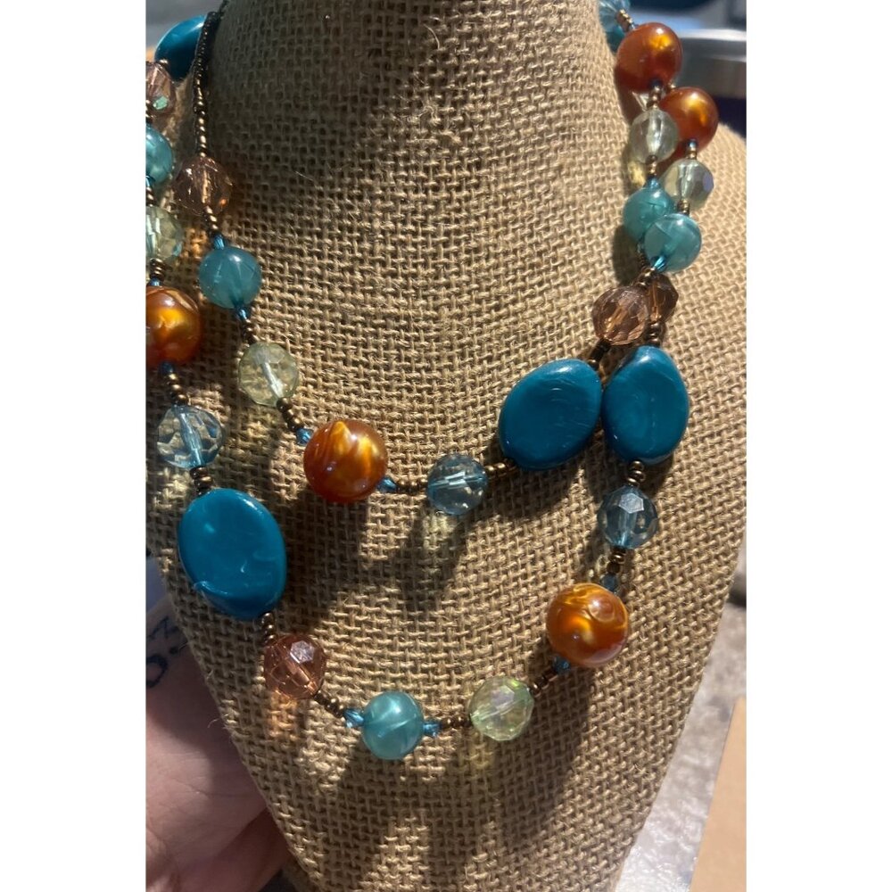 Acrylic Seed Bead Necklace Turquoise Amber Gold Colored Chunky Statement Double